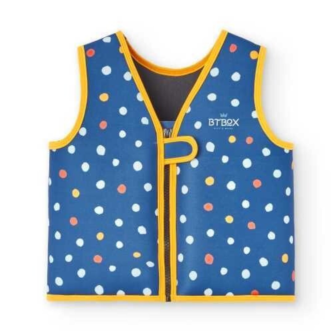 Colete de natação infantil BtBox 2024 azul navy com lunares coloridos. Colete flutuação criança neopreno.