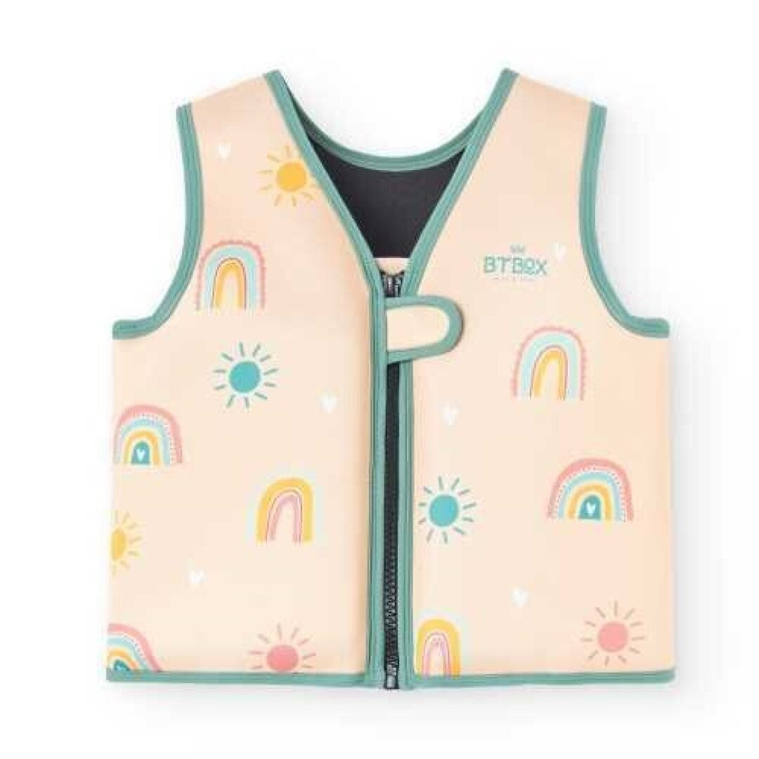 Colete de natação infantil BtBox 2024 Rainbow cream, vista frontal com padrão de arco-íris e sóis.