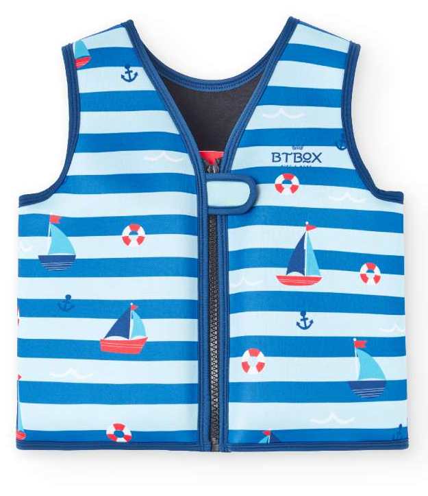 BtBox Colete de Natação 2024 Sailor, vista frontal. Padrão riscas azuis, barcos, âncoras. Neopreno 5mm.