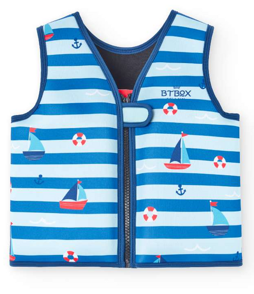 BtBox Colete de Natação 2024 Sailor, vista frontal. Padrão riscas azuis, barcos, âncoras. Neopreno 5mm.