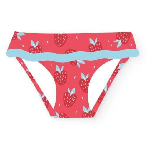 Cueca de bikini infantil com padrão de morangos e proteção solar UPF 50+