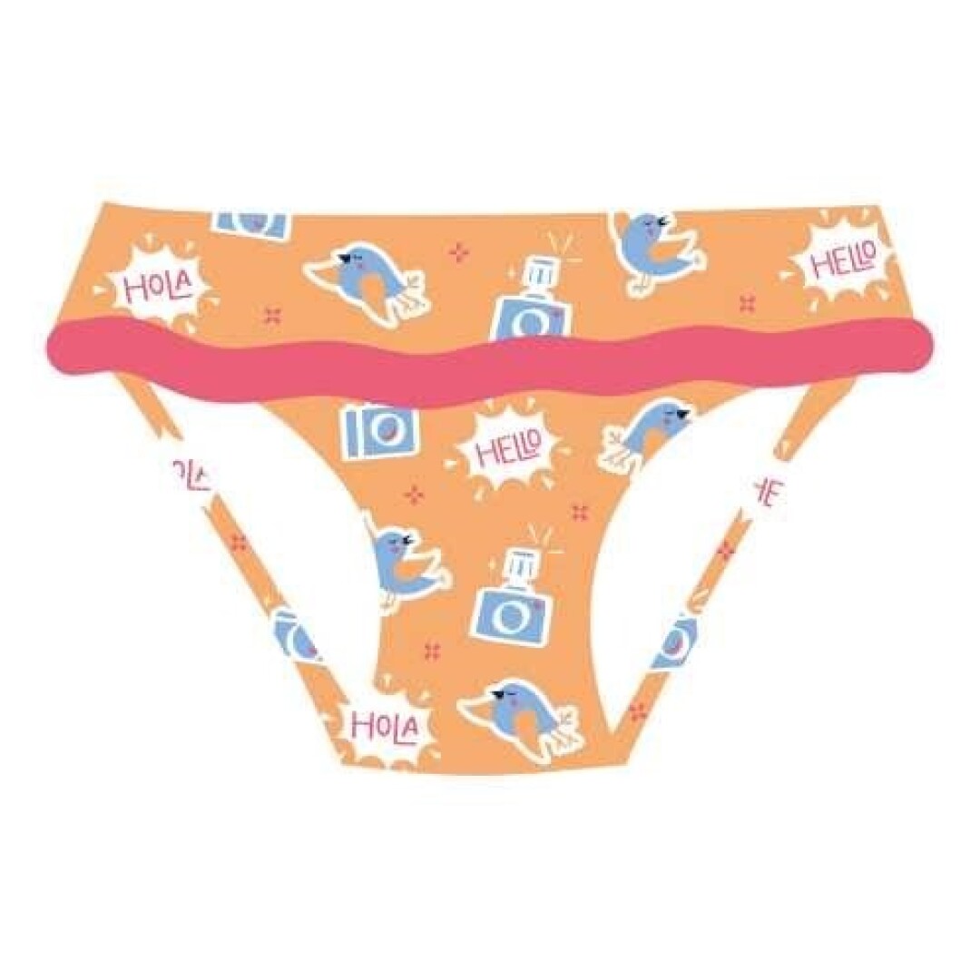 Cueca de banho BtBox para criança, cor laranja com padrão de pássaros e câmaras fotográficas, proteção solar UPF 50+.