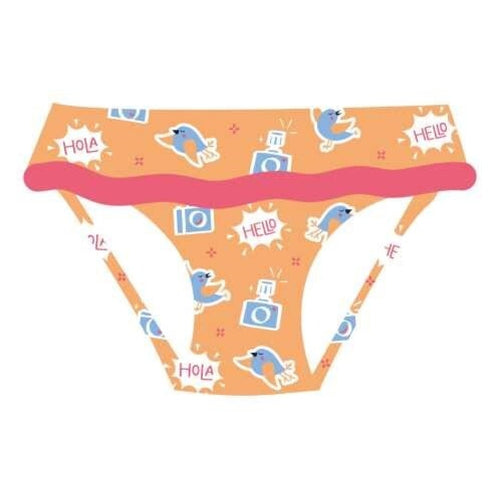 Cueca de banho BtBox para criança, cor laranja com padrão de pássaros e câmaras fotográficas, proteção solar UPF 50+.