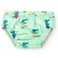 Cueca/fralda de banho infantil BtBox verde-água com padrão de crocodilos alegres a comer gelados, com proteção solar UPF 50+.