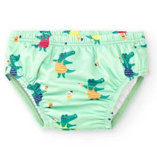 Cueca/fralda de banho infantil BtBox verde-água com padrão de crocodilos alegres a comer gelados, com proteção solar UPF 50+.