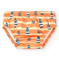 Cueca/Fralda de banho infantil BtBox com padrão de faróis azuis e lemes, fundo laranja às riscas, proteção solar UPF 50+.