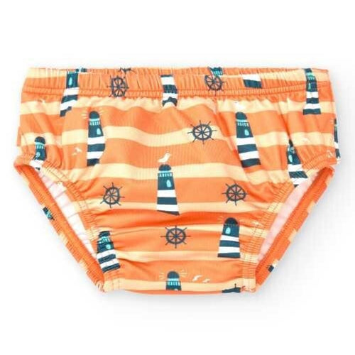 Cueca/Fralda de banho infantil BtBox com padrão de faróis azuis e lemes, fundo laranja às riscas, proteção solar UPF 50+.