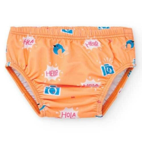 Cueca/fralda de banho infantil BtBox laranja com estampado de câmaras, pássaros azuis e balões de fala com "HELLO" e "HOLA".