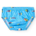 Cueca/fralda de banho Btbox azul-claro com padrão divertido de peixes coloridos e bolhas. Proteção solar UPF 50+.