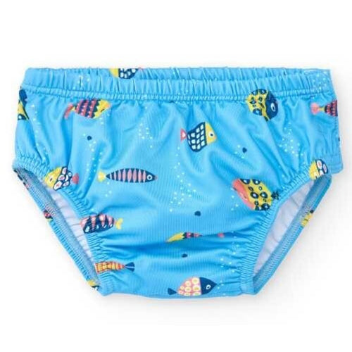 Cueca/fralda de banho Btbox azul-claro com padrão divertido de peixes coloridos e bolhas. Proteção solar UPF 50+.