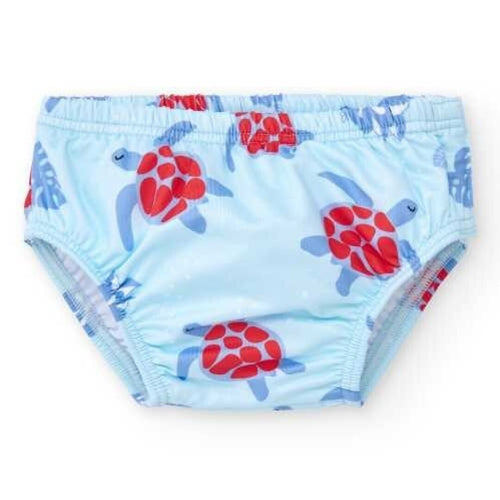 Cueca/fralda de banho BtBox azul-claro com padrão de tartarugas vermelhas e azuis, ideal para proteção solar UPF 50+.