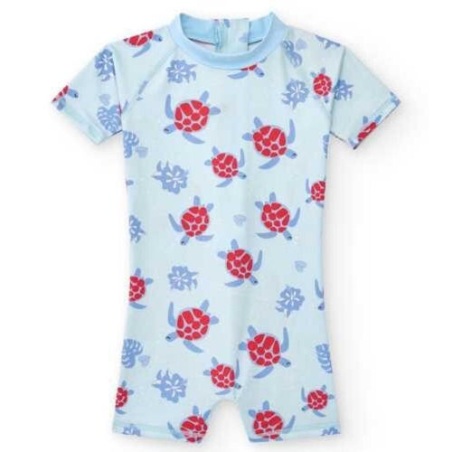 Fato de banho inteiro infantil BtBox, manga curta, cor azul-claro com padrão de tartarugas vermelhas e flores azuis.