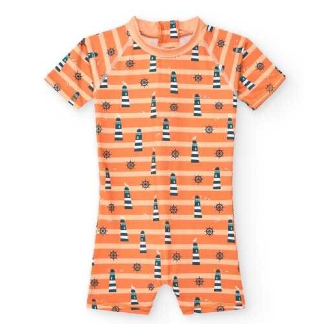 Fato de banho inteiro infantil BtBox laranja com padrão de faróis e rodas de leme, manga curta e proteção solar UPF 50+.
