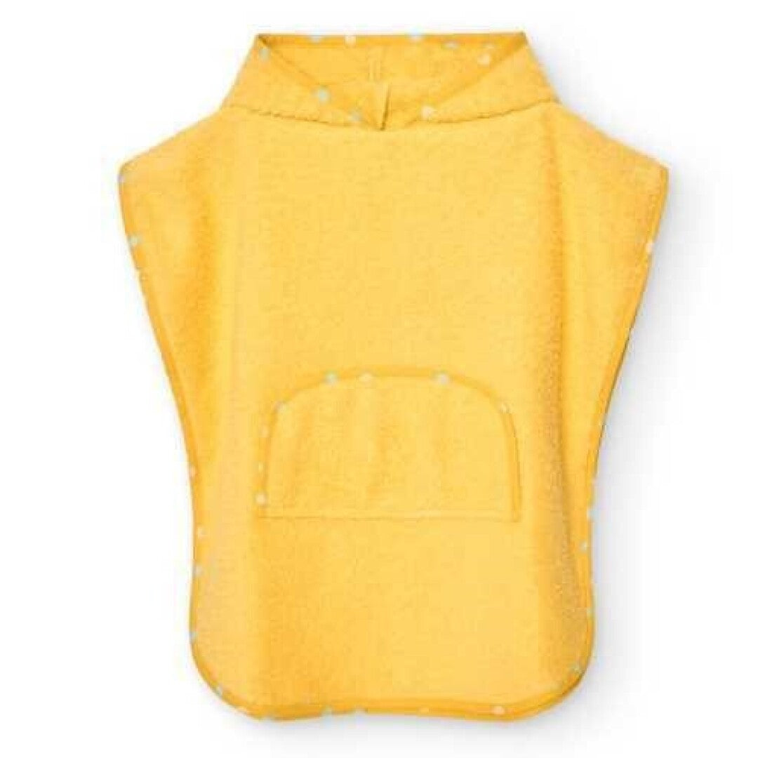 Poncho de banho Btbox em algodão, cor amarela vibrante, com capuz e bolso frontal, ideal para crianças de 1 a 4 anos.