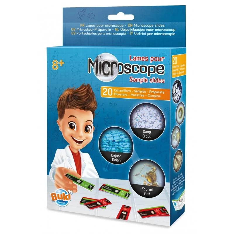 Caixa do conjunto Buki Amostras Microscópio, mostrando um rapaz com um microscópio e várias amostras.
