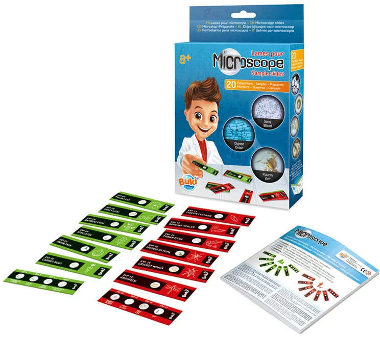 Caixa do conjunto Buki Amostras Microscópio, mostrando um rapaz com um microscópio e várias amostras.