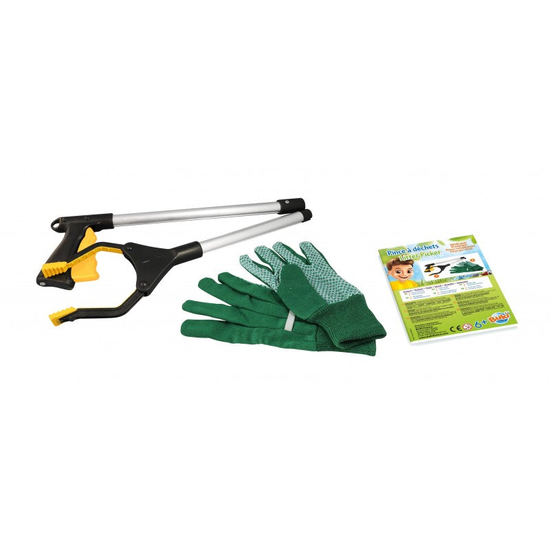 Conjunto de brinquedo Buki Apanhador de Lixo, composto pela ferramenta de recolha, luvas verdes e folheto de instruções, sobre fundo branco.