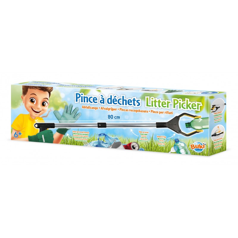 Caixa do brinquedo Buki Apanhador de Lixo (Litter Picker) com 80cm, mostrando um rapaz a usar luvas e a ferramenta para recolher lixo. Indica idade 6+.