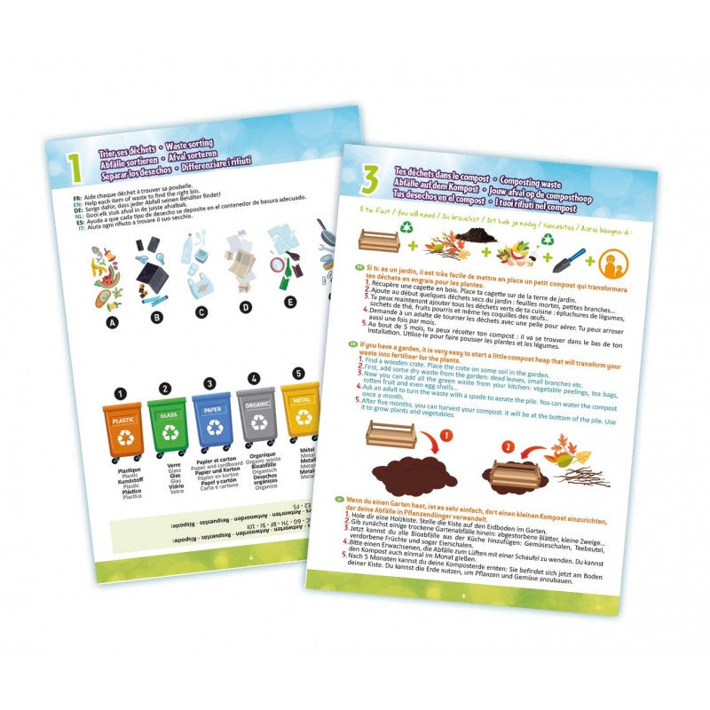 Instruções de uso do Buki Apanhador de Lixo, mostrando 3 passos: 1. Separação de resíduos (reciclagem), 2. Uso da ferramenta, e 3. Criação de composto.