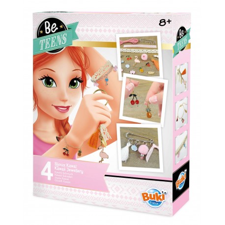 Caixa do kit de joalharia Buki Be Teens Bijoux Kawaii, mostrando uma rapariga a usar uma pulseira e exemplos de acessórios criados.