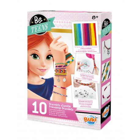 Caixa do kit de pulseiras da amizade Buki Be Teens com uma rapariga a usar as pulseiras e indicação de 10 pulseiras a fazer.