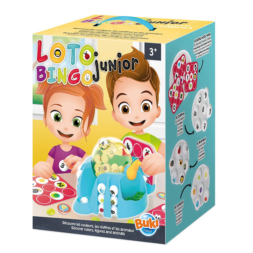 Embalagem do Buki Bingo Junior com crianças sorrindo e detalhes dos componentes do jogo.