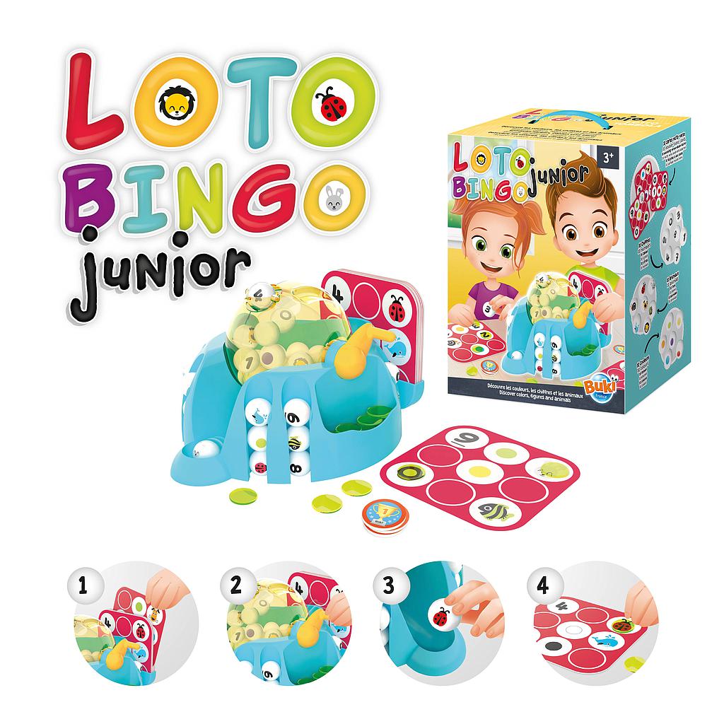 Buki Bingo Junior em destaque: jogo de bingo infantil com porta-bolas, cartões ilustrados e embalagem colorida.