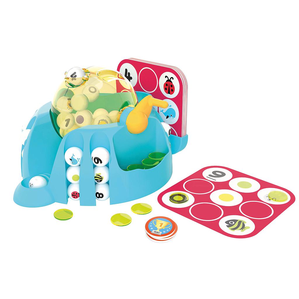 Buki Bingo Junior em destaque: jogo de bingo infantil com porta-bolas, cartões ilustrados e embalagem colorida.
