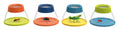Quatro caixas de observação de insetos Buki com tampas coloridas (laranja, azul, verde, amarelo) e insetos vivos (formiga, mosca, gafanhoto, joaninha) no interior.