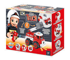 Caixa do brinquedo Buki Camião dos Bombeiros para construir, mostrando um desenho de uma criança bombeira e o camião montado.