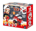 Caixa do brinquedo Buki Camião dos Bombeiros para construir, mostrando um desenho de uma criança bombeira e o camião montado.