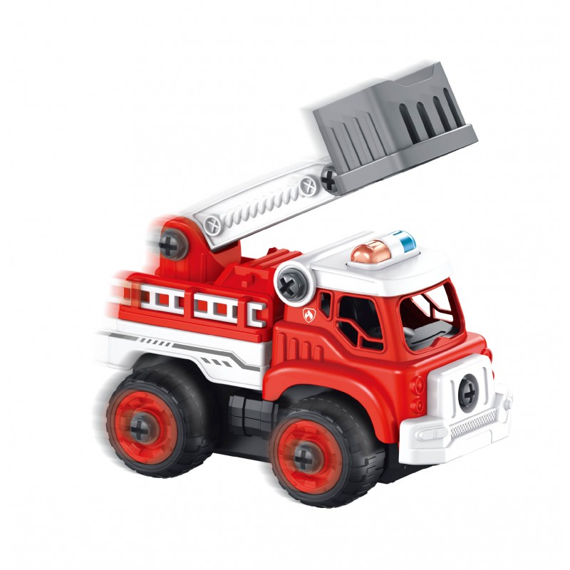 Camião dos Bombeiros da Buki em movimento, com as luzes da sirene acesas e efeito de movimento nas rodas, sugerindo que está a funcionar.