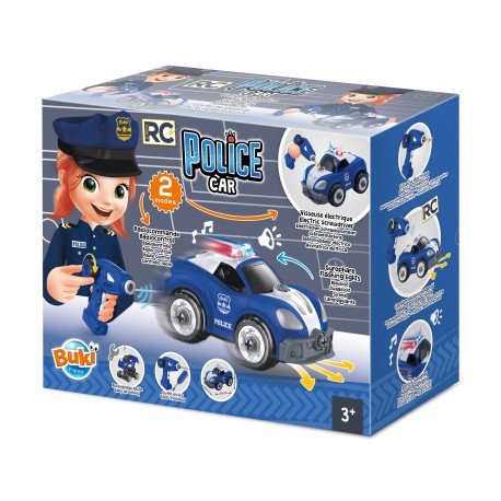 Caixa do brinquedo Buki Carro Telecomandado da Polícia, destacando o conceito 2 em 1: montar com chave de fendas e conduzir por rádio controlo (RC). Idade recomendada 3+.