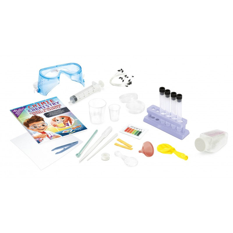 Conteúdo completo do kit Buki de 75 experiências, incluindo tubos de ensaio, óculos de proteção, pipeta, balão e manual de instruções.
