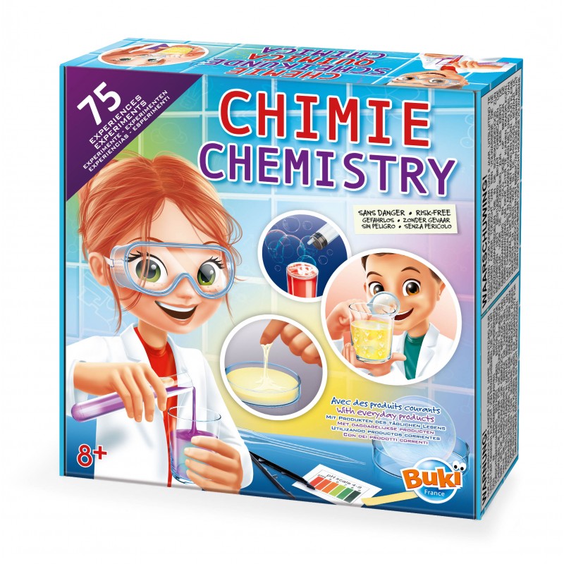 Caixa do Buki Conjunto de 75 experiências de Química, mostrando uma rapariga de óculos a realizar um experimento com líquidos coloridos.