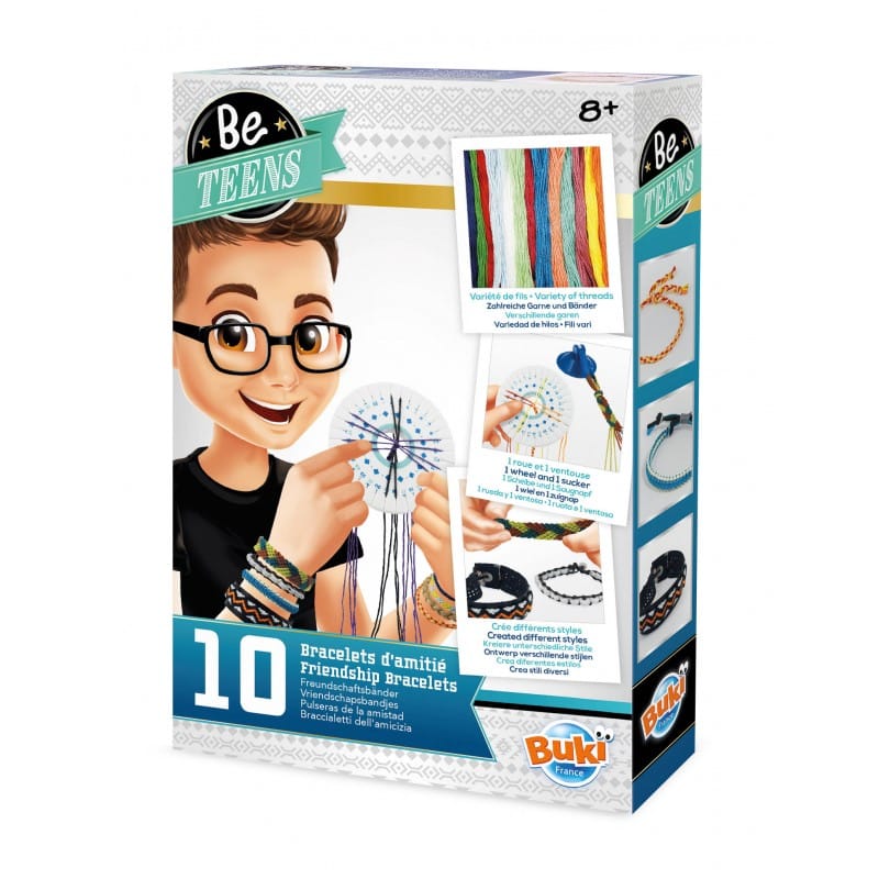 Caixa do kit "Buki Constrói Pulseiras da Amizade" com ilustração de um rapaz a usar óculos a criar uma pulseira com a roda de espuma. Indica 10 pulseiras e idade 8+.