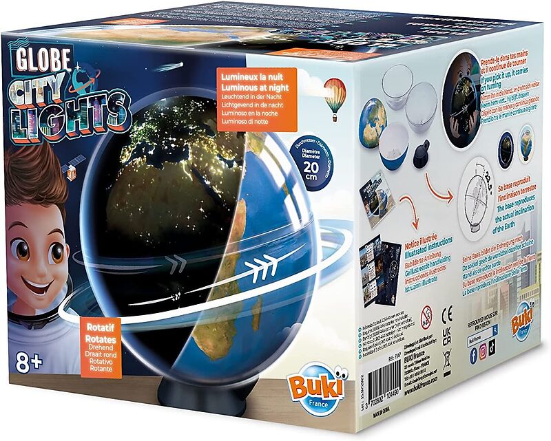 Embalagem do globo rotativo Buki com luzes noturnas, mostrando o globo iluminado e detalhes das funcionalidades.