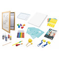 Conteúdo completo do kit de arte Buki: moldura de madeira, tintas, pincéis, rolos, esponjas, folhas, moldes e autocolantes.