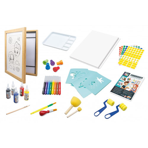 Conteúdo completo do kit de arte Buki: moldura de madeira, tintas, pincéis, rolos, esponjas, folhas, moldes e autocolantes.
