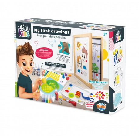 Caixa do Buki Kit Criativo "Os Meus Primeiros Desenhos" (3+ anos), mostrando a moldura e vários materiais de arte incluídos.