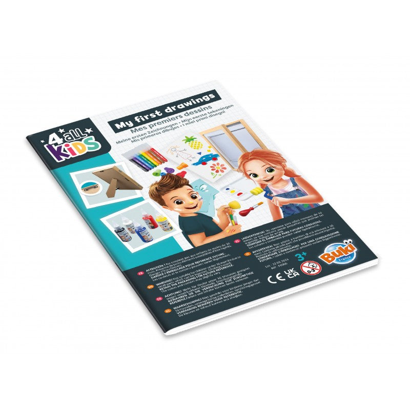 Verso da embalagem do Buki Kit Criativo "Os Meus Primeiros Desenhos", com ilustrações de crianças a usar o produto e informações de segurança.