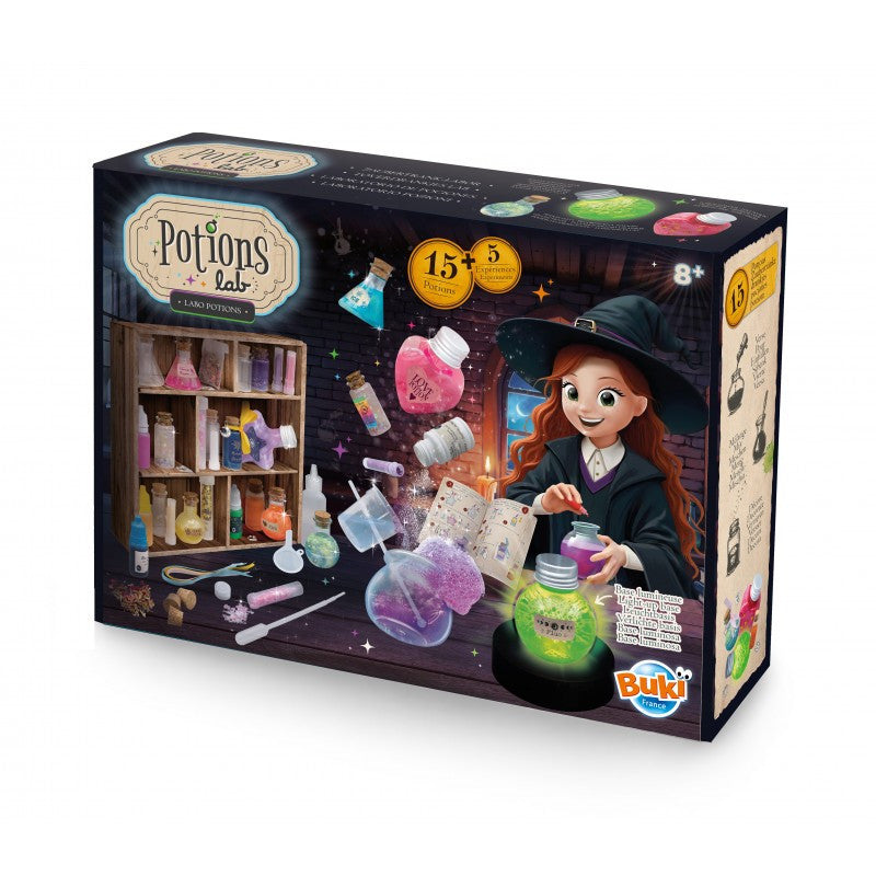 Kit de laboratório de poções Buki com frascos, caldeirão e base luminosa para crianças.