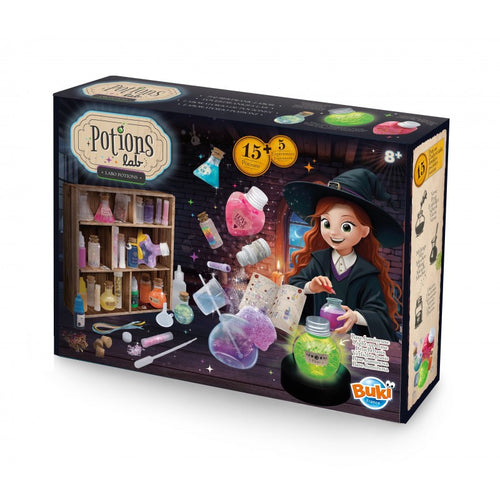 Kit de laboratório de poções Buki com frascos, caldeirão e base luminosa para crianças.