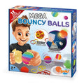 Caixa do kit "Mega Bouncy Balls" da Buki, mostrando um rapaz a segurar uma bola colorida e exemplos de bolas elásticas e luminosas que podem ser criadas. Idade 8+.
