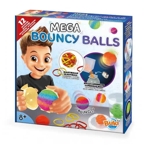 Caixa do kit "Mega Bouncy Balls" da Buki, mostrando um rapaz a segurar uma bola colorida e exemplos de bolas elásticas e luminosas que podem ser criadas. Idade 8+.