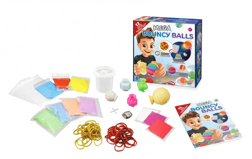 Conteúdo completo do kit "Mega Bouncy Balls" da Buki, incluindo pós coloridos, elásticos, moldes, recipiente e manual de instruções.