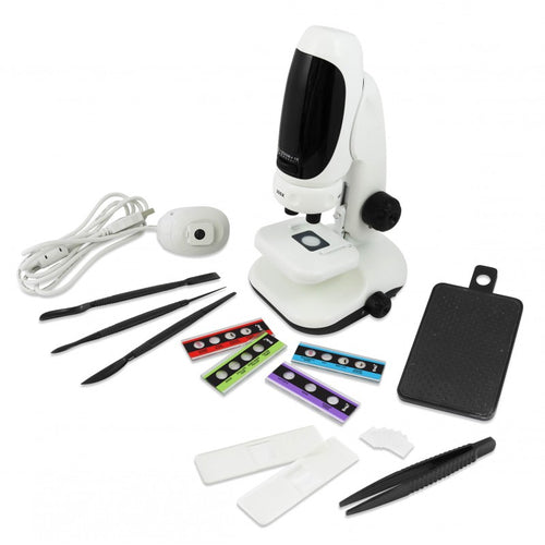 Microscópio digital Buki com acessórios incluídos: câmara USB, pinças, bisturis e lâminas de amostras preparadas.