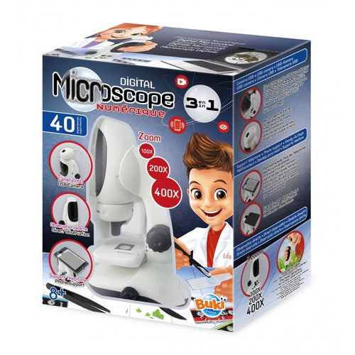 Caixa do Microscópio Digital Buki 3 em 1 com zoom até 400x, destacando a câmara USB e o suporte para smartphone.