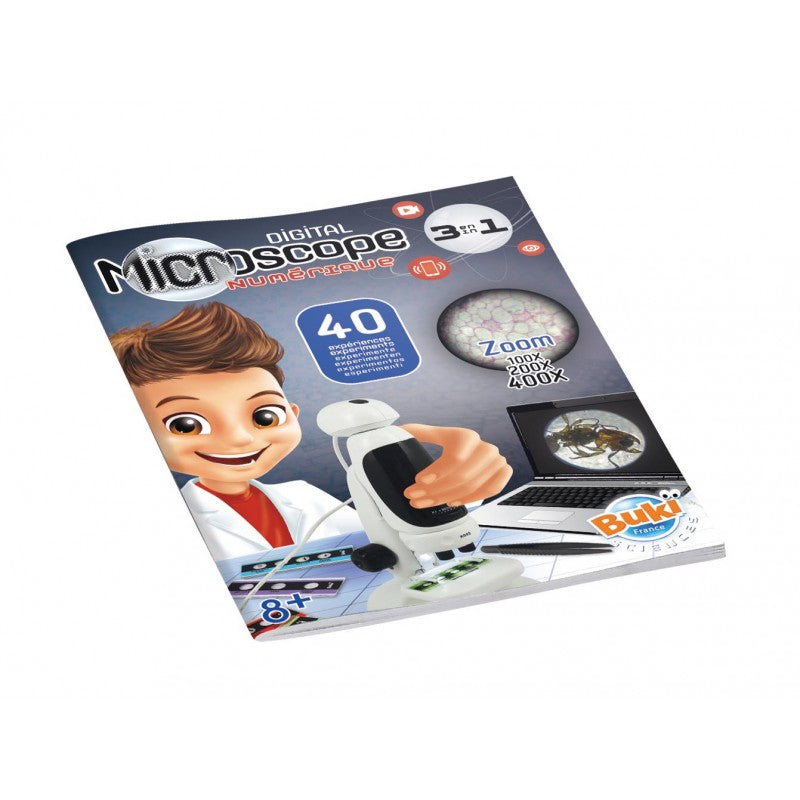 Capa do manual de instruções do Microscópio Digital Buki, mostrando um rapaz a usar o microscópio com um portátil.