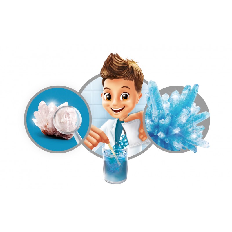 Ilustração do processo: observação de quartzo, mistura de ingredientes e resultado final do cristal azul.